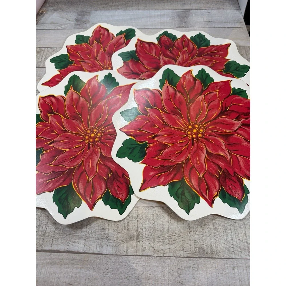 Vintage Kmart Trim A Home Poinsettia Christmas Placemats Set of 4 Die Cut